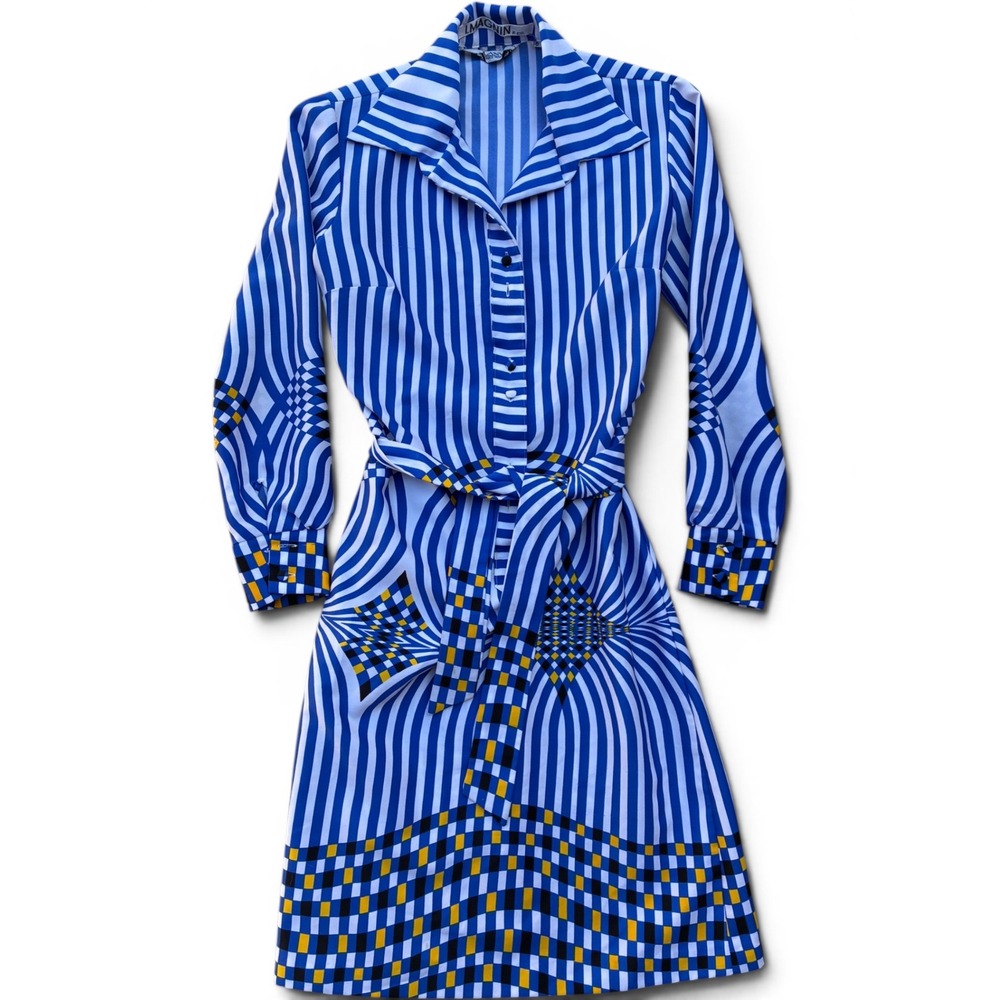 Vintage Lanvin I Magnin Blue White Striped Op Art Shirt Dress Belted Size 16